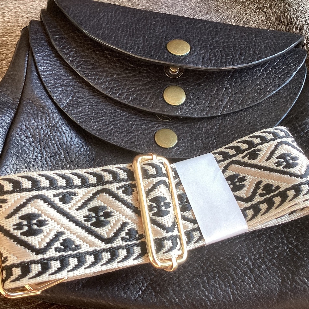 Thick Black Pebbled Leather Brass Three Compartment Crossbody Handbag